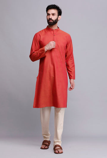 Set of 2: Crimson Red Cotton Kurta and Pajama